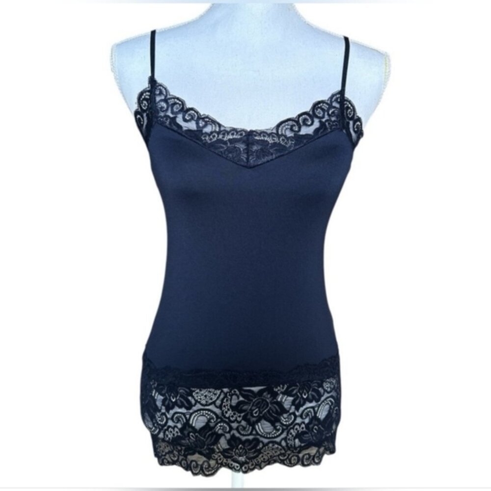 White House Black Market Wide Lace Hem Long Camisole in Navy Blue Size M